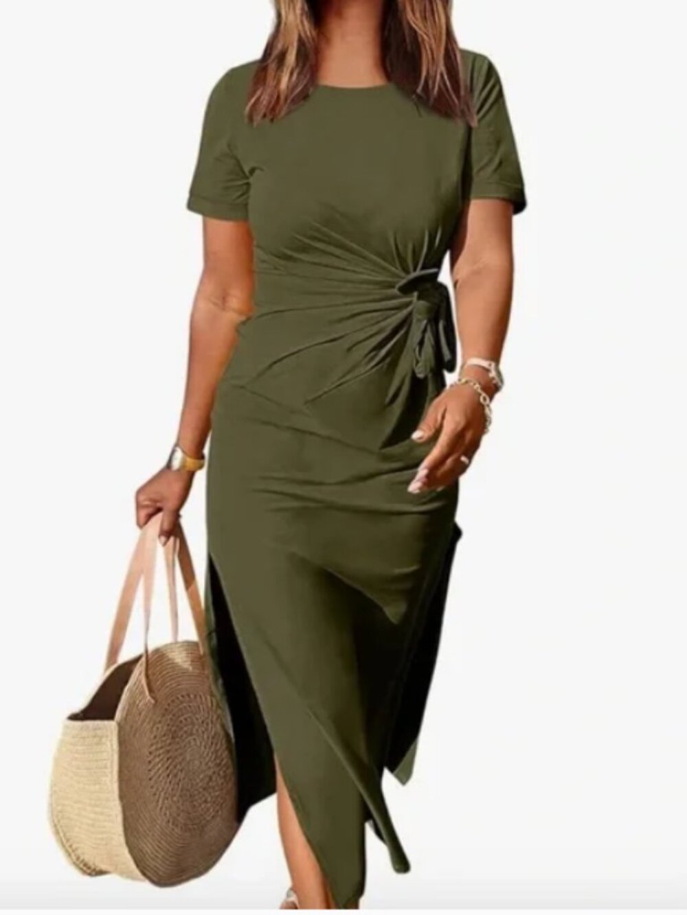 Nicole Miller Olive Green Ribbed Knit Midi Dress Side Tie X Large